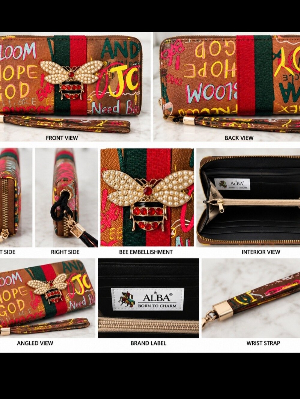 ALBA Brown Multicolor Graffiti Bee-Embellished Zip Wallet Wristlet